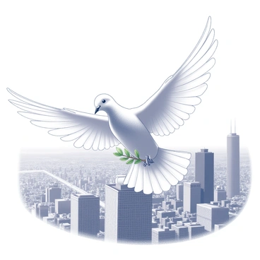 A pure white dove flying above a bustling city, carrying an olive branch in its beak