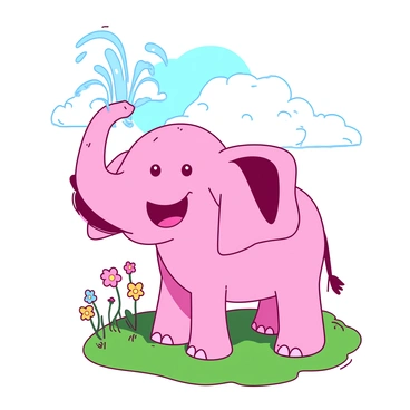 A pink cartoon elephant is standing on a green patch of grass, playfully spraying a stream of water from its trunk. The water arcs gracefully into the air, glistening as it catches the sunlight. The elephant has large, floppy ears and a big smile, with its eyes sparkling with joy. Surrounding the elephant, there are a few colorful flowers blooming on the grass, adding to the cheerful scene. The background features a light blue sky with fluffy white clouds.