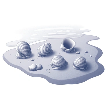 A bay with calm waters, where several clams are buried in the sandy bottom, partially exposed to the surface. The clams exhibit various sizes and shapes, some with intricate patterns on their shells. Surrounding them, small pebbles and bits of seaweed can be seen scattered along the shoreline. The gentle ripples of the water reflect the surrounding environment, creating a peaceful atmosphere.