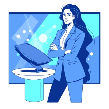 A confident girl boss is standing proudly beside a sleek product display during a launch event. She has long, flowing hair and is wearing a tailored blue suit. The product behind her is a modern, high-tech gadget that is elegantly presented on a glossy pedestal. Bright lights illuminate the event space, highlighting the product and creating a vibrant atmosphere. The girl boss has a determined expression, with her arms crossed and a slight smile on her face, indicating her excitement for the unveiling.