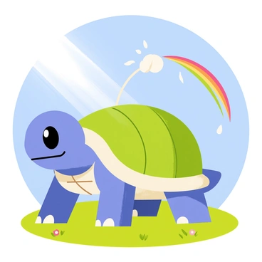 Blastoise, a large blue turtle Pokémon, is positioned in the center of the image. It has its shell partially opened, with powerful cannons protruding from its back. Bright sunlight beams down from a clear blue sky, illuminating the scene. Blastoise is spraying a strong jet of water from its cannons, creating a vibrant rainbow that arcs across the sky. The ground is a lush green grass, scattered with small flowers, which glisten with droplets of water from the spray. The entire scene is lively, filled with colorful details and vivid contrasts.