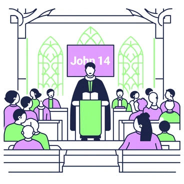 A pastor is standing at a pulpit, delivering a sermon to a congregation seated in rows of wooden benches. The pastor is wearing a black robe and has a serious expression while speaking. In front of him, a large open Bible rests on the pulpit. The words "John 14" are prominently displayed on a screen behind him. The congregation consists of diverse individuals, including men and women of varying ages, some with closed eyes in reflection and others attentively listening. The interior of the church features stained glass windows and wooden beams overhead.