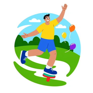 A young person wearing a bright yellow t-shirt and blue shorts is bouncing on a pogo stick. Their arms are flailing as they try to maintain balance, and a look of concentration is on their face. The pogo stick is colorful, with red and green accents. The background features a grassy park with trees and a clear blue sky, adding a sense of energy to the scene. A few colorful balloons float in the air nearby, enhancing the playful atmosphere.