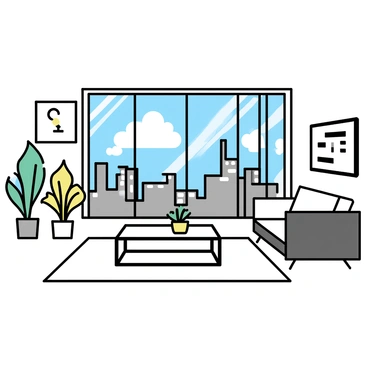 A stylish urban apartment living room features large windows that provide a panoramic view of a bustling city skyline. The room has a contemporary sofa in a neutral color facing a sleek coffee table made of glass and metal. There are vibrant indoor plants positioned in the corners, adding a touch of greenery. A soft area rug lies beneath the coffee table, and decorative art pieces adorn the walls. Sunlight streams through the windows, highlighting the modern furniture arrangement.