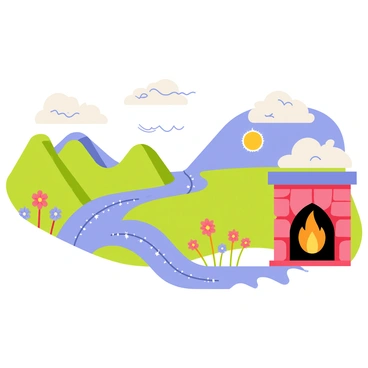 A mural depicting the four elements in harmonious balance. The earth element is represented by a lush green landscape with rolling hills and vibrant flowers. The water element features a flowing blue river cascading down rocks, with sparkling reflections on its surface. The air element is illustrated through fluffy white clouds drifting across a bright blue sky, with gentle wind lines suggesting movement. The fire element is portrayed by bright orange and red flames dancing in a fireplace, radiating warmth. Each element seamlessly blends into the next, creating an interconnected and vibrant visual representation.