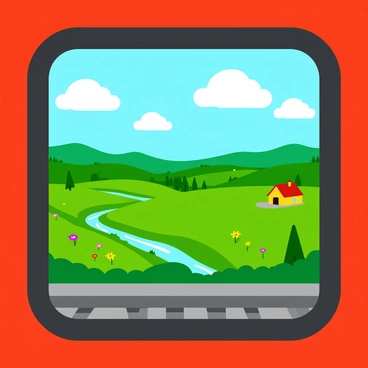 A train window frames a vibrant view of a picturesque countryside. Rolling green hills stretch out under a bright blue sky with fluffy white clouds. Fields of colorful wildflowers bloom in patches of yellow, red, and purple, adding splashes of color to the landscape. A small, winding river cuts through the scene, reflecting the sunlight as it sparkles. In the distance, a quaint farmhouse with a red roof is nestled among the trees, surrounded by lush vegetation. The train tracks run alongside the view, emphasizing the speed of the train as it moves through this idyllic setting.
