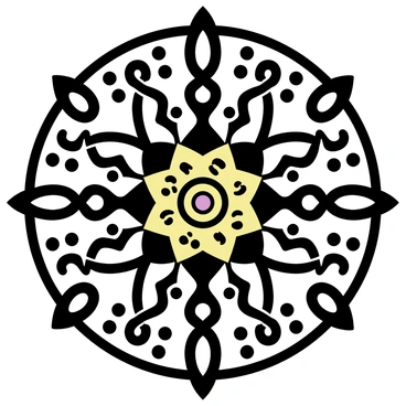 A circular mandala featuring intricate patterns, with central symmetry radiating outwards. The design includes gothic arches that form a repeating geometric pattern. Ornate details weave throughout the mandala, with swirling flourishes and pointed shapes characteristic of gothic architecture. The color palette is composed of deep blacks, rich burgundies, and metallic gold accents, enhancing the elaborate nature of the mandala.