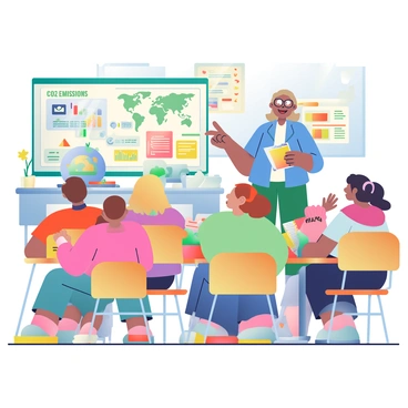 In a brightly lit classroom, a friendly teacher with light brown hair and glasses is standing at the front, engaging a group of children. The teacher is pointing to a large poster on the wall that illustrates the concept of "CO2 emissions" with colorful graphics. The children, a diverse group of boys and girls, are seated at wooden desks, listening intently. Some have raised hands, eager to answer questions, while others are taking notes in colorful notebooks. One girl in a pink sweater is looking at a globe on her desk, which shows the Earth's continents. The atmosphere is lively and filled with curiosity, with educational materials scattered around the room, including charts, plants, and books.