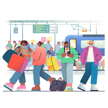 A group of travelers with diverse appearances is gathered on a bustling train station platform. Among them, a woman with curly brown hair is holding a large, red suitcase, while a man with glasses is checking his phone next to a sleek black bag. Nearby, a girl with braids is pulling a bright yellow backpack, and an older gentleman in a hat is standing with a weathered leather duffel bag at his feet. The platform is filled with people, and colorful train signs are visible in the background, along with a blue train arriving at the station. The atmosphere is vibrant and dynamic, with travelers chatting and some looking up at the digital schedule board.