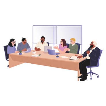 A diverse group of coworkers is gathered around a rectangular wooden table. There are five individuals in total. On the left, a woman with long black hair is wearing glasses and a blue shirt, looking intently at a laptop. Next to her, a man with medium brown skin and a beard is wearing a white shirt and is holding a notepad while taking notes. On the opposite side, a man with short curly hair and light skin is wearing a grey sweater and is gesturing with his hands as he speaks. Beside him, a woman with short blond hair and light skin is nodding in agreement, dressed in a pink blouse. The last person, an older man with dark skin and white hair, is wearing a dark blazer and is leaning back in his chair, listening attentively. A mug of coffee and a plant in a small pot are visible on the table, along with papers and pens scattered around. There is a large window behind them, allowing natural light to fill the room.