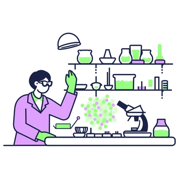 A scientist in a laboratory is observing cells that are growing on a scaffold. The scientist is wearing a lab coat, safety goggles, and gloves. They are standing in front of a microscope, focusing intently on the cells. The scaffold is made of a complex material, visibly structured with small pores where the cells are adhering. Various lab equipment, including petri dishes, pipettes, and a centrifuge, is arranged neatly on a bench. Shelves in the background are lined with labeled containers and vials of different cell cultures and media. Bright overhead lights illuminate the workspace, highlighting the details of the scaffold and the scientist's focused expression.