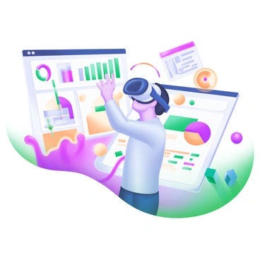 A person wearing "VR goggles" is standing in a modern, immersive environment filled with floating "ROI data" visualizations. The scene includes various graphs and charts in vibrant colors, such as bar charts and pie charts, surrounding the person. There are abstract shapes and glowing lines representing data flow, creating a futuristic atmosphere. The individual's body posture suggests engagement and curiosity as they reach out toward the data projections. The overall composition has a cohesive and dynamic feel, emphasizing the connection between the person and the data in this virtual space.