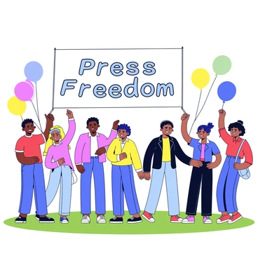 A large banner with the words "Press Freedom" printed in bold letters. The banner is being raised by a group of diverse individuals, including men and women of various ethnicities. The people are standing on a grassy area, dressed casually and smiling. Colorful balloons and decorations are visible in the background, representing a community event atmosphere. The sky is clear, indicating a sunny day.