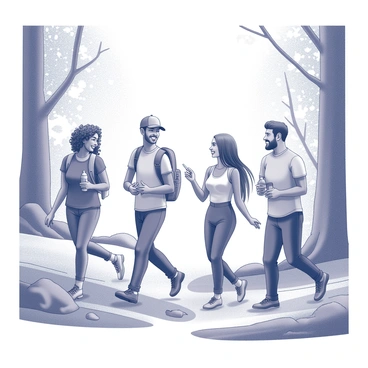 A diverse group of friends walking along a hiking trail. There are four individuals: a woman with curly hair wearing a backpack, a man with a baseball cap holding a water bottle, a woman with long straight hair pointing to a path while laughing, and a man with a beard who is smiling as he listens. The group is surrounded by tall trees and rocky terrain, with dappled sunlight filtering through the leaves. Each person is dressed in outdoor gear suitable for hiking, and they are clearly enjoying each other's company as they share stories.