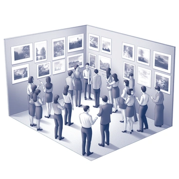 A large indoor space filled with a crowd of people. Numerous illustrations are displayed on the walls, showcasing a variety of artistic styles. Individuals are gathered in small groups, some pointing at the illustrations while others are engaged in conversation. Several people are standing in front of the artworks, taking a closer look. The atmosphere is lively, with attendees dressed in formal attire, creating a sense of elegance and appreciation for the art around them.