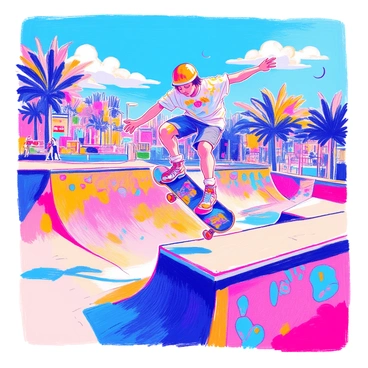 A skateboarder is mid-air performing a trick above a colorful ramp in a vibrant urban skate park. The skateboarder is wearing a bright helmet, a graphic t-shirt, and baggy shorts. The skateboard is decked out with unique, eye-catching designs. In the background, graffiti-covered walls feature a variety of colors and styles, adding energy to the scene. The skate park is filled with ramps, rails, and other skaters enjoying their time. The sky is clear with a few clouds, providing a perfect backdrop for this action-packed moment.