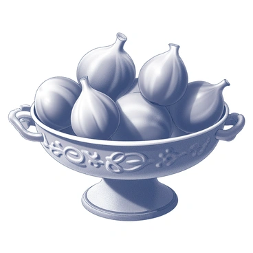 A decorative bowl positioned on a wooden table. The bowl is intricately designed, featuring ornate carvings or embellishments. Inside the bowl, there is an assortment of ripe figs, showcasing various textures and shapes. Some figs have smooth skin, while others are slightly wrinkled, indicating their ripeness. The figs are displayed prominently, creating a rich composition of natural forms and surfaces.
