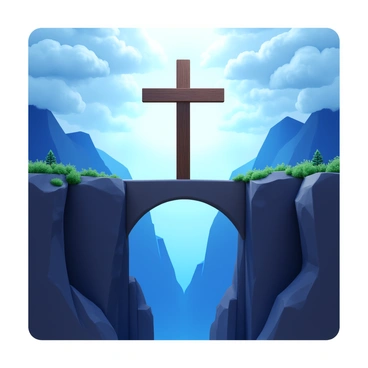 A dramatic scene where a cross serves as a bridge over a chasm, symbolizing salvation