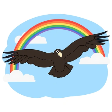 A large turkey vulture with dark feathers gliding gracefully through the sky. Its wings are spread wide, showcasing the distinct two-tone pattern of its feathers. Below, a vibrant rainbow arcs across the sky, featuring bands of red, orange, yellow, green, blue, and purple. The background is a clear blue sky with a few fluffy white clouds scattered. The vulture's sharp beak and keen eyes are visible as it soars beneath the colorful arch of the rainbow.