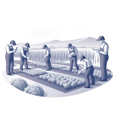 A group of farmers in a field engaged in various agricultural practices. One farmer is planting seeds in rows, while another is adjusting an irrigation system. Nearby, a farmer is examining soil samples with a clipboard, and another is using a measuring tool to assess crop growth. The landscape features diverse crops, including tall corn stalks and leafy green vegetables, with visible signs of a well-organized farm layout. In the distance, there are rolling hills and a clear sky, indicating a vast farming environment. The farmers exhibit a sense of collaboration and determination as they adapt their methods to suit changing environmental conditions.
