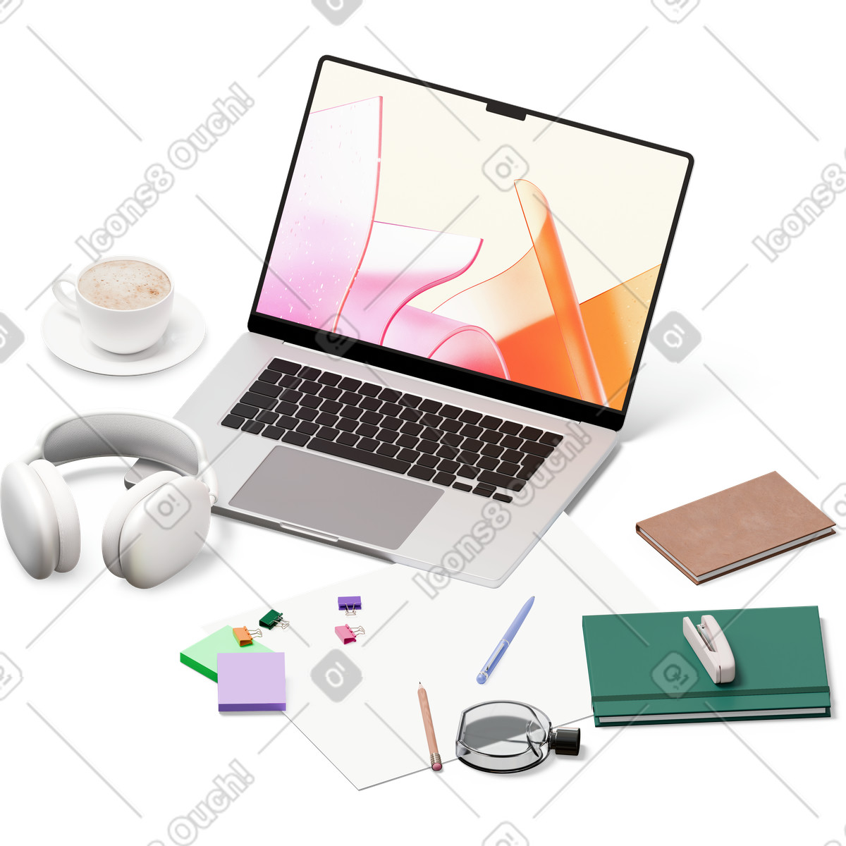 Ilustração de Visão isométrica laptop, fones ouvido, notebooks, perfume e xícara café em no estilo 3D Hygge para baixar em PNG, SVG