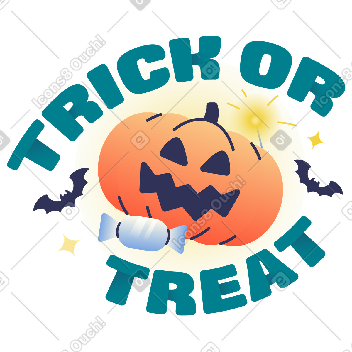 Pumpkin and bats surrounding trick or treat text, Spooky holiday greeting illustration in Beam style download in PNG, SVG