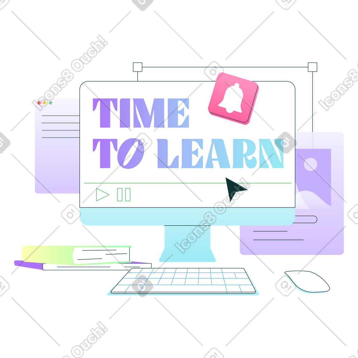 Computer screen with Time to learn text, Distance learning or online class illustration in Florid style download in PNG, SVG