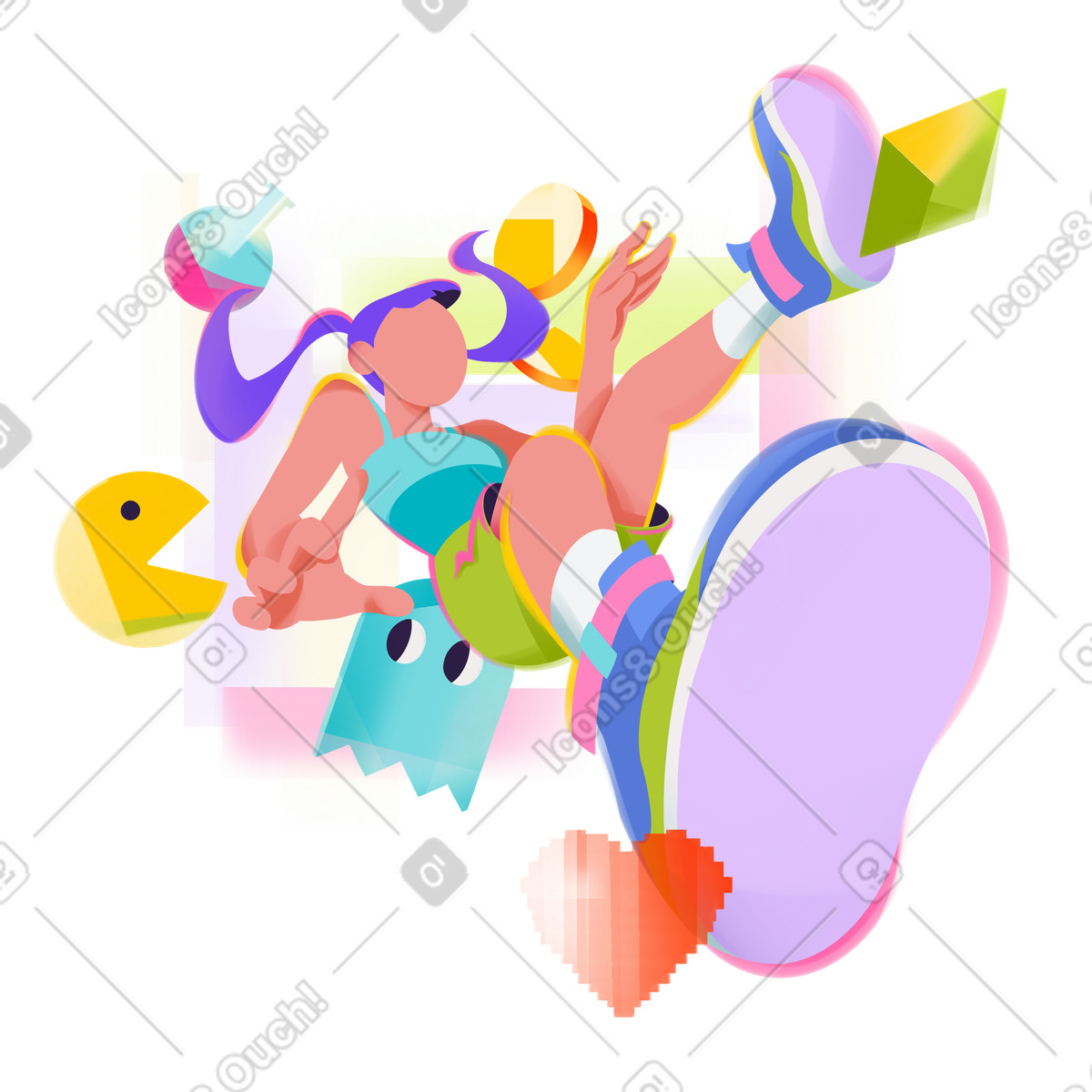 Illustration animée Jeune femme volant parmi des personnages de jeux vidéo dans le style Dynamic à télécharger aux formats GIF, Lottie (JSON), AE