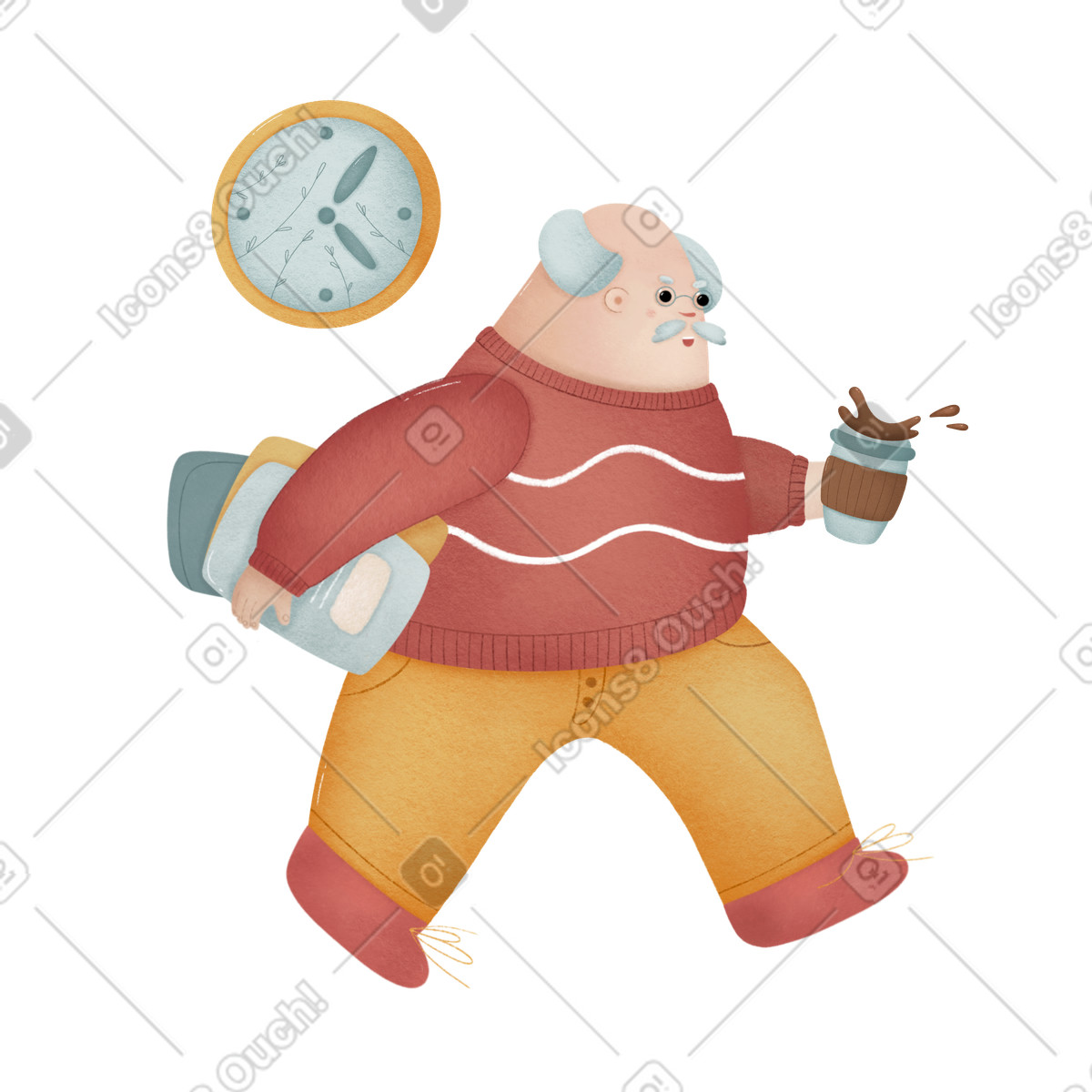 Ilustración Employee rushing with documents and hot drink, Late for work or morning rush en estilo Woolly a descargar en PNG y SVG