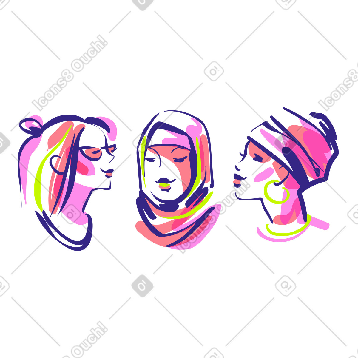 Women’s day, diverse women portraits illustration in Glam style download in PNG, SVG