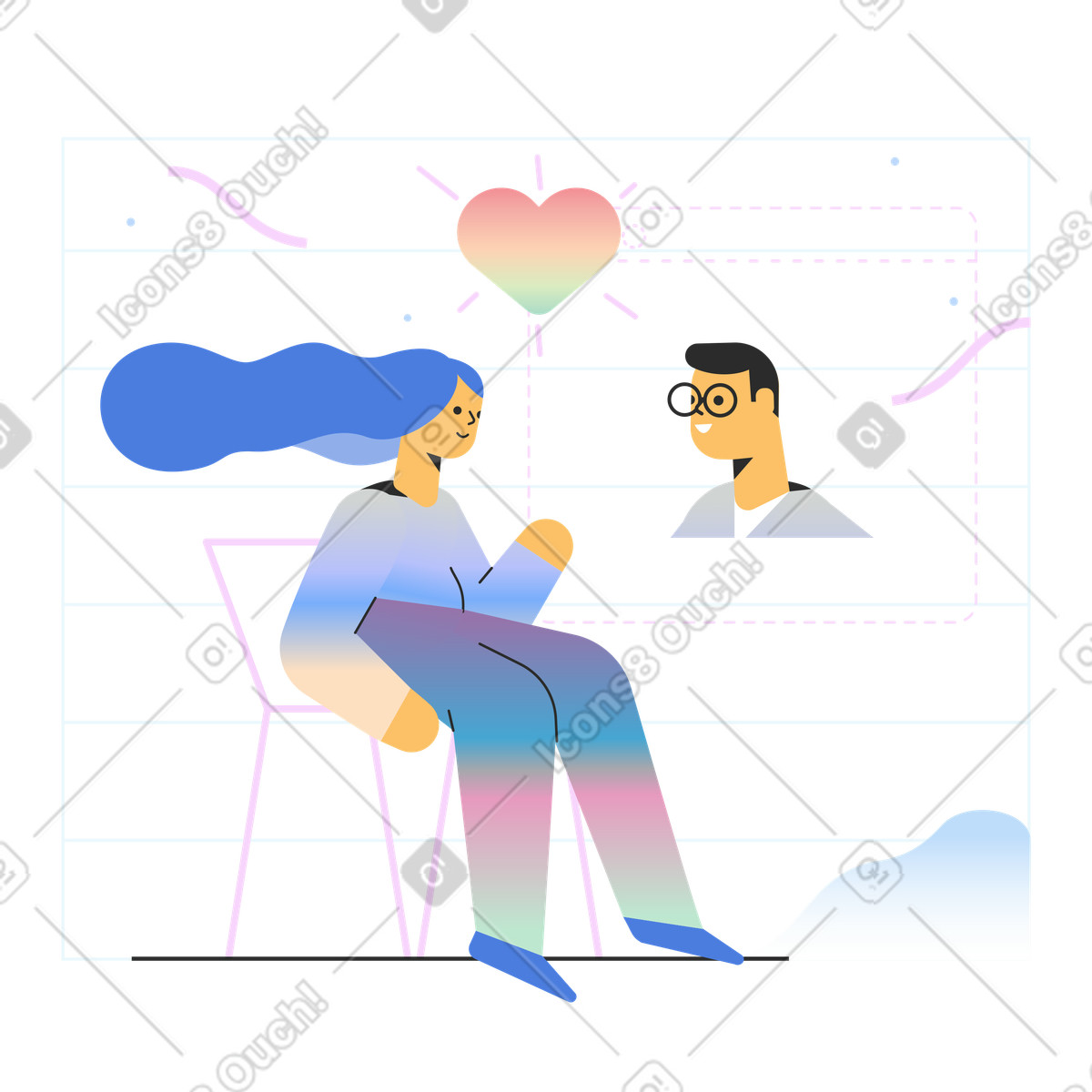 下载 Marginalia 风格的 Couple chatting in virtual meeting, Online dating and long-distance love communication 插画，支持 PNG、SVG 格式