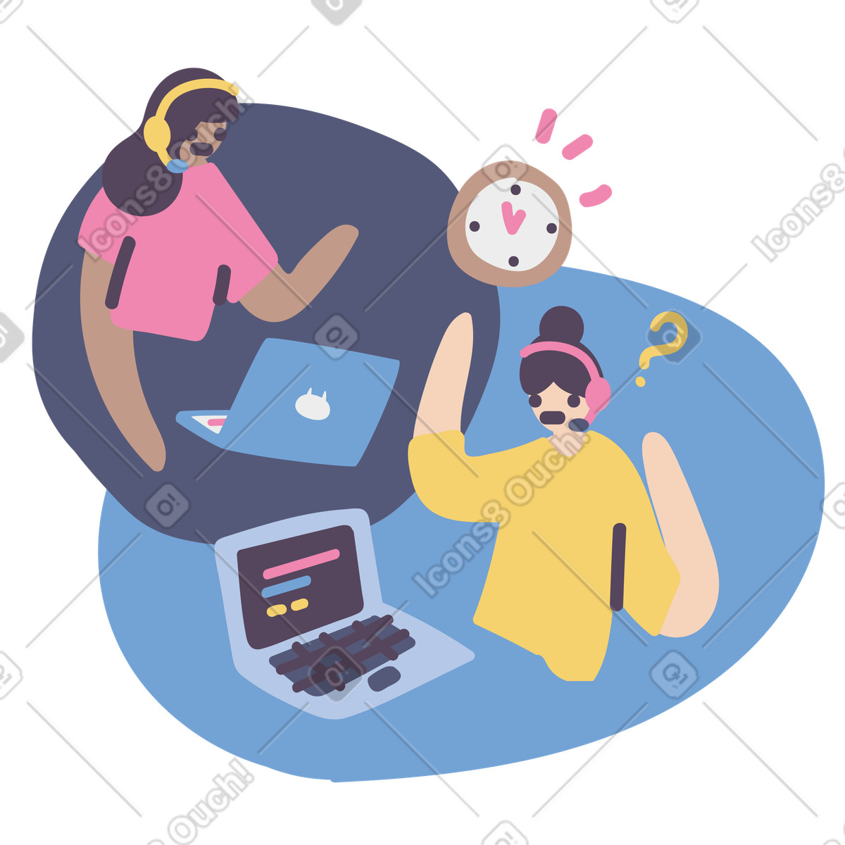Two colleagues on video call with laptops, Remote collaboration and teamwork illustration in Pluto style download in PNG, SVG