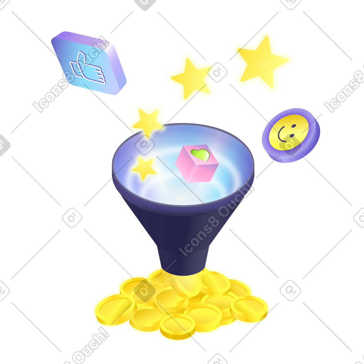 Ilustración Sales funnel with coins, stars, and social media icons, Lead generation through en estilo Isotech a descargar en PNG y SVG