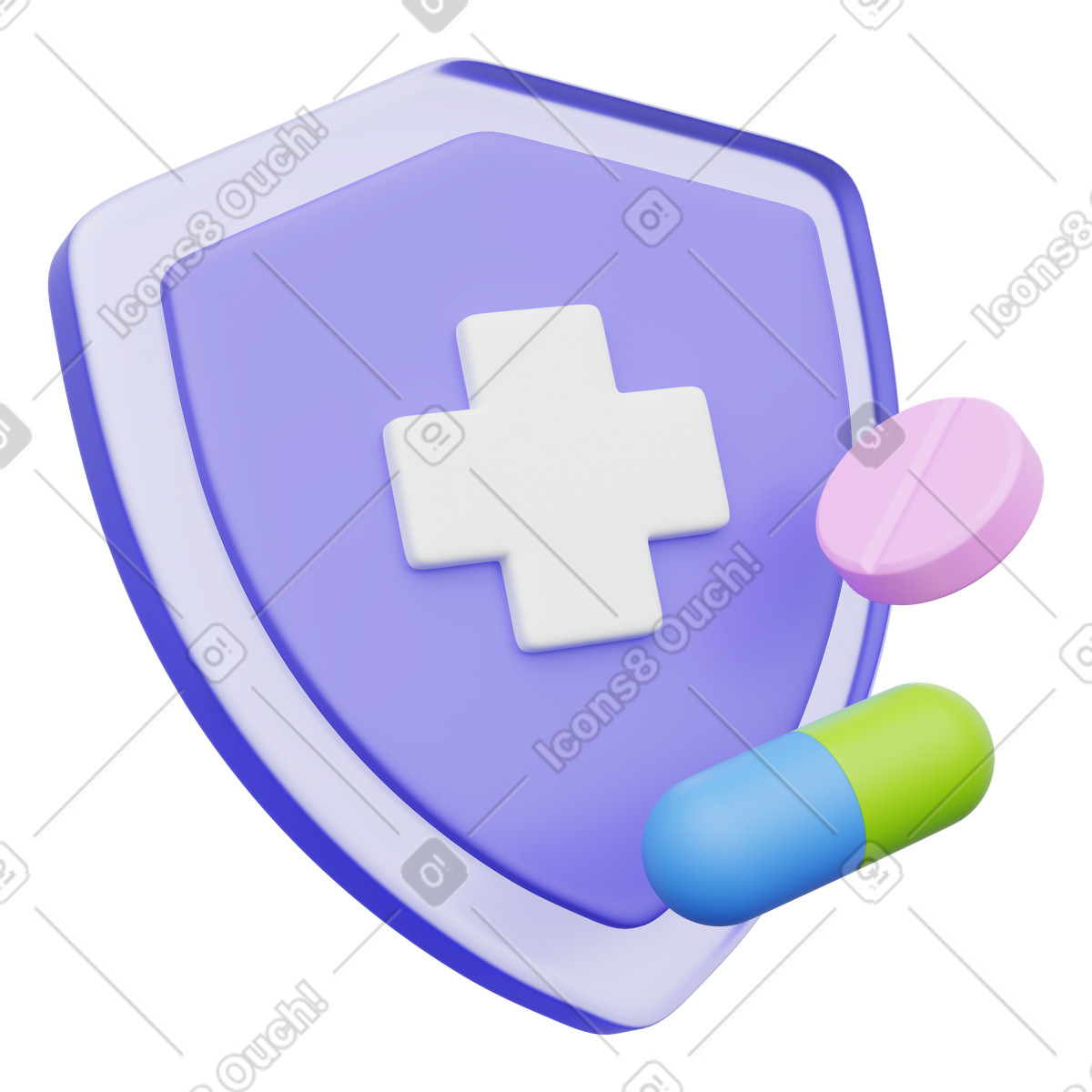 3D Playful 스타일의 Shield with medical cross and colorful pills for healthcare protection 일러스트레이션 PNG, SVG 다운로드