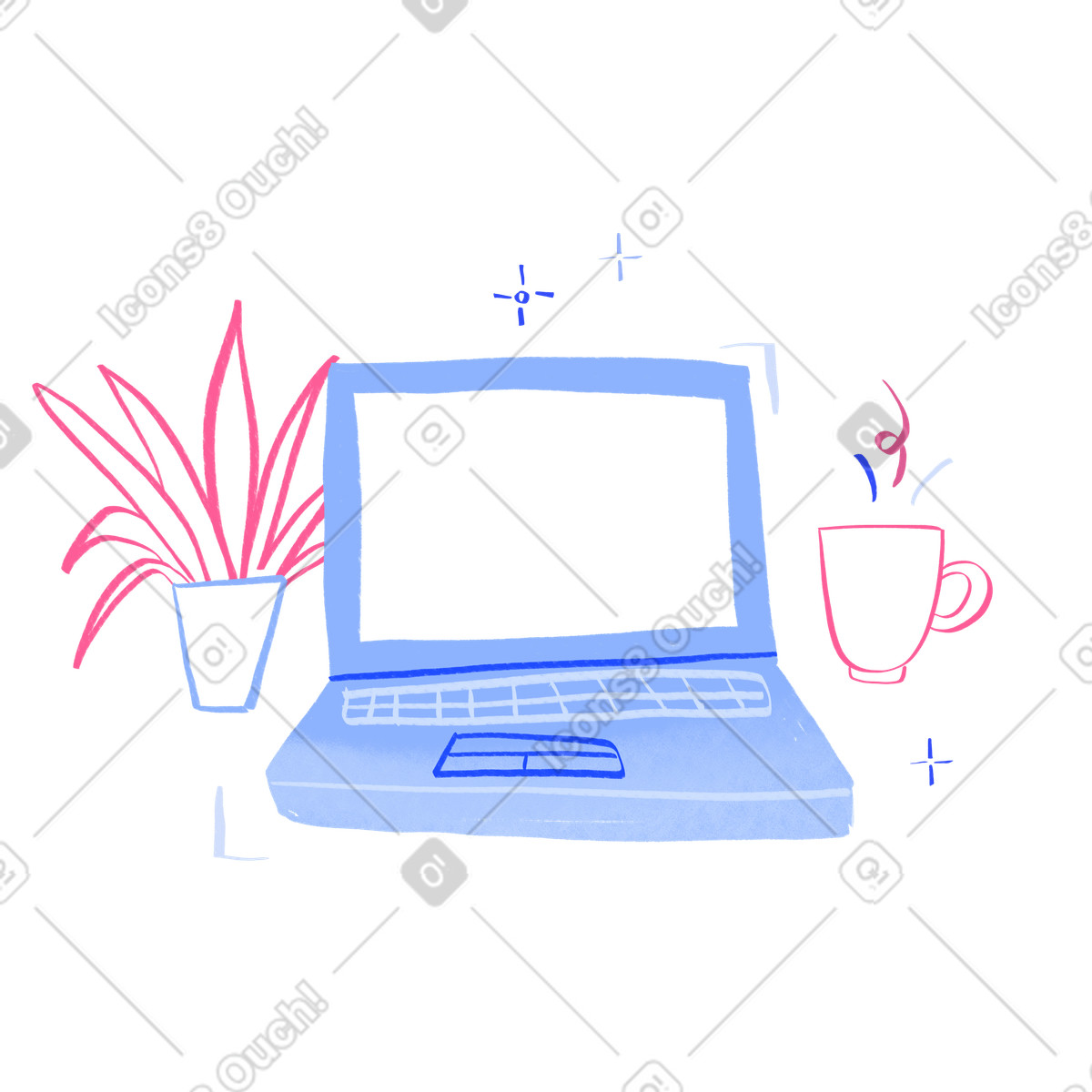 Иллюстрация Laptop on a table with cup and plant в стиле Quirky — скачать в форматах PNG, SVG