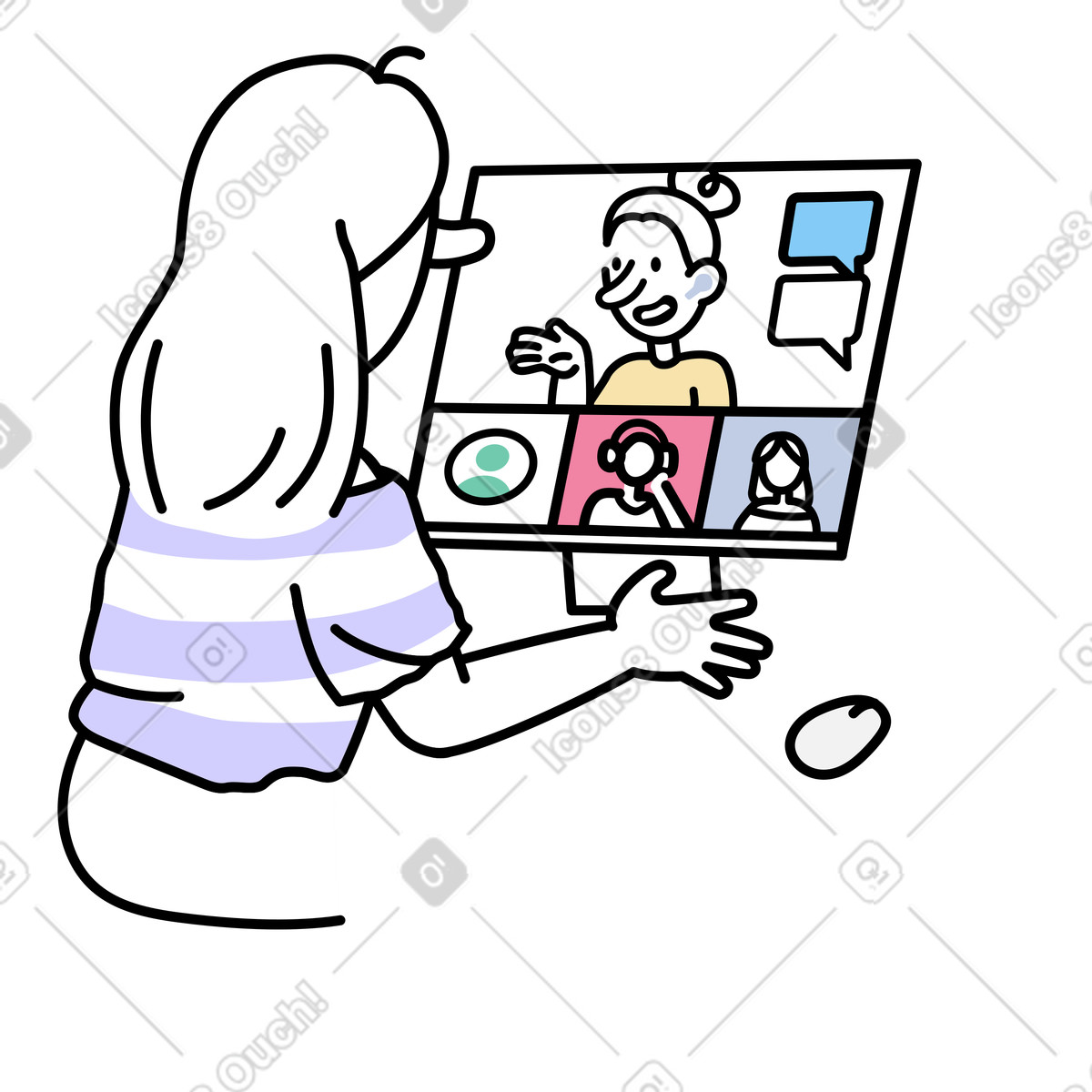 Frau spricht bei videokonferenz-Illustration im Notes-Stil als Download in PNG, SVG