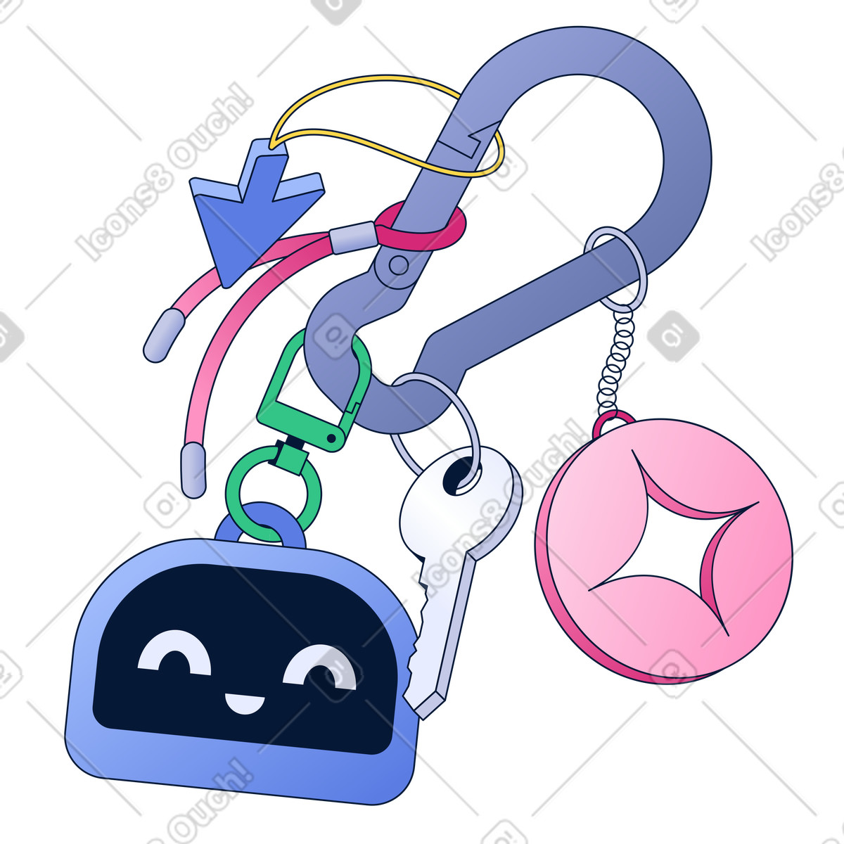 Carabiner with key and keychains, AI assistant and web elements illustration in PNG, SVG