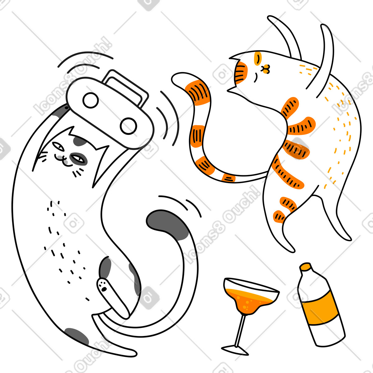 Illustration Des chats font la fête avec de l'alcool et une radiocassette dans le style Purr à télécharger aux formats PNG, SVG