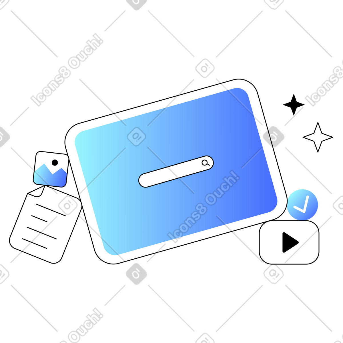 Search bar on digital screen surrounded by file types, Online information-Illustration im Azure-Stil als Download in PNG, SVG