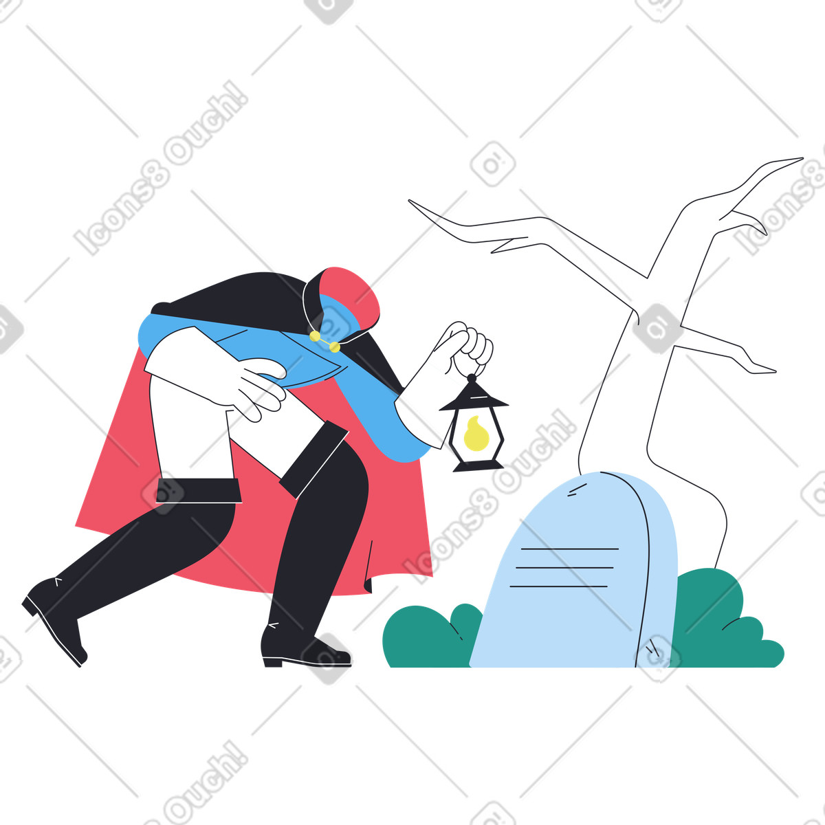 Illustration Cavalier sans tête portant une lanterne dans un cimetière le style Boba à télécharger aux formats PNG, SVG