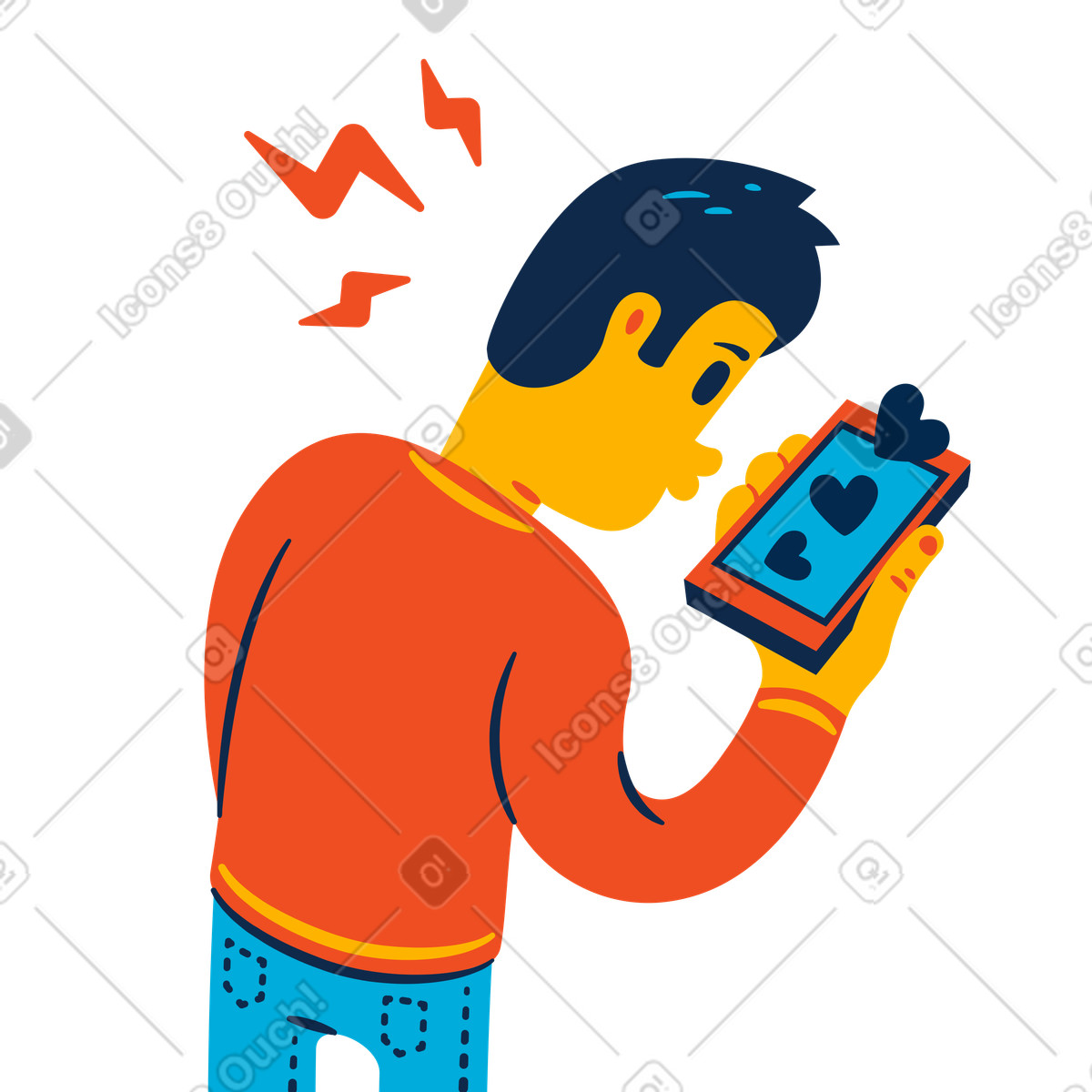 Flame 스타일의 User looking at phone with heart notifications, Online popularity or romantic message 일러스트레이션 PNG, SVG 다운로드