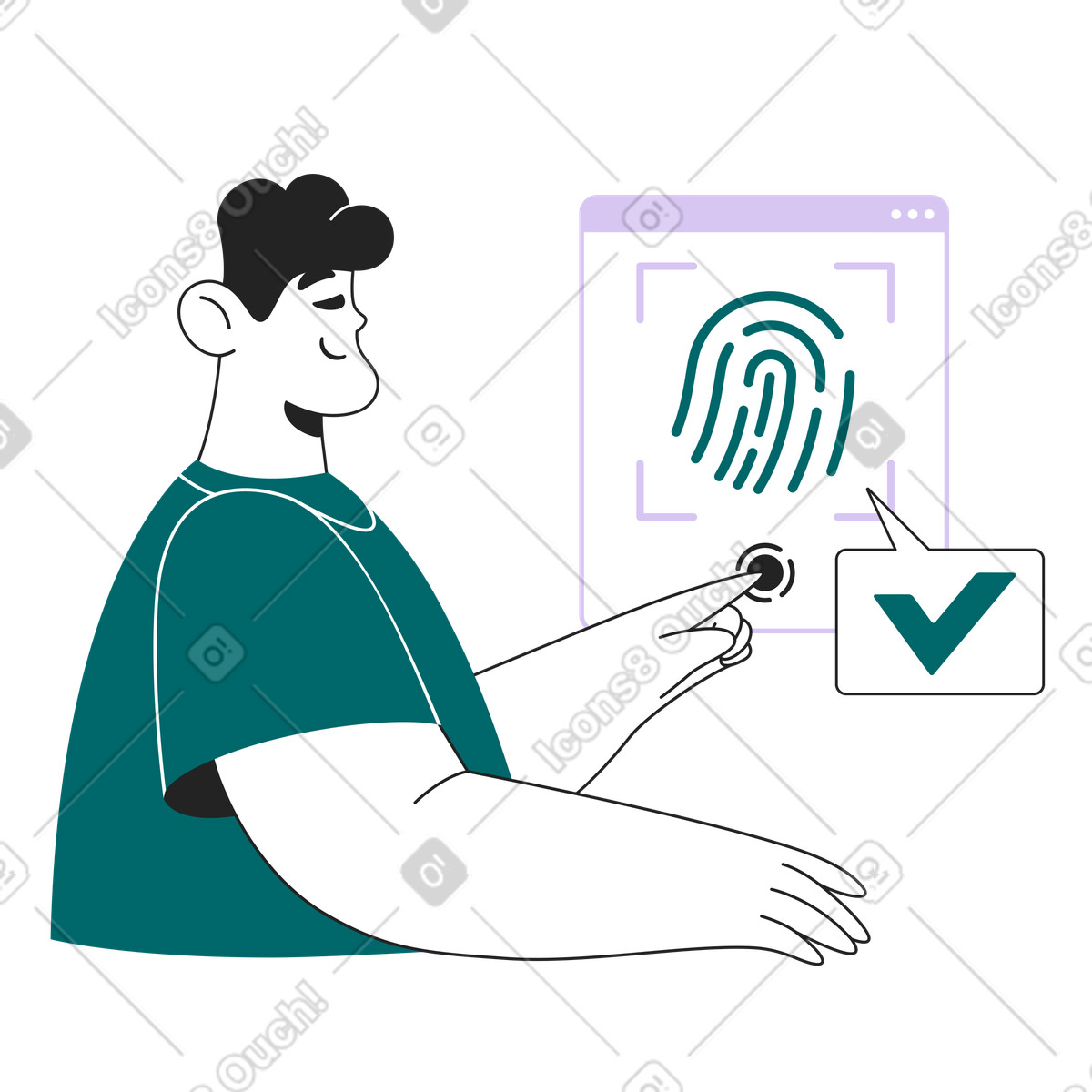 User verifying identity with fingerprint, Login or access approval illustration in Sammy Line style download in PNG, SVG