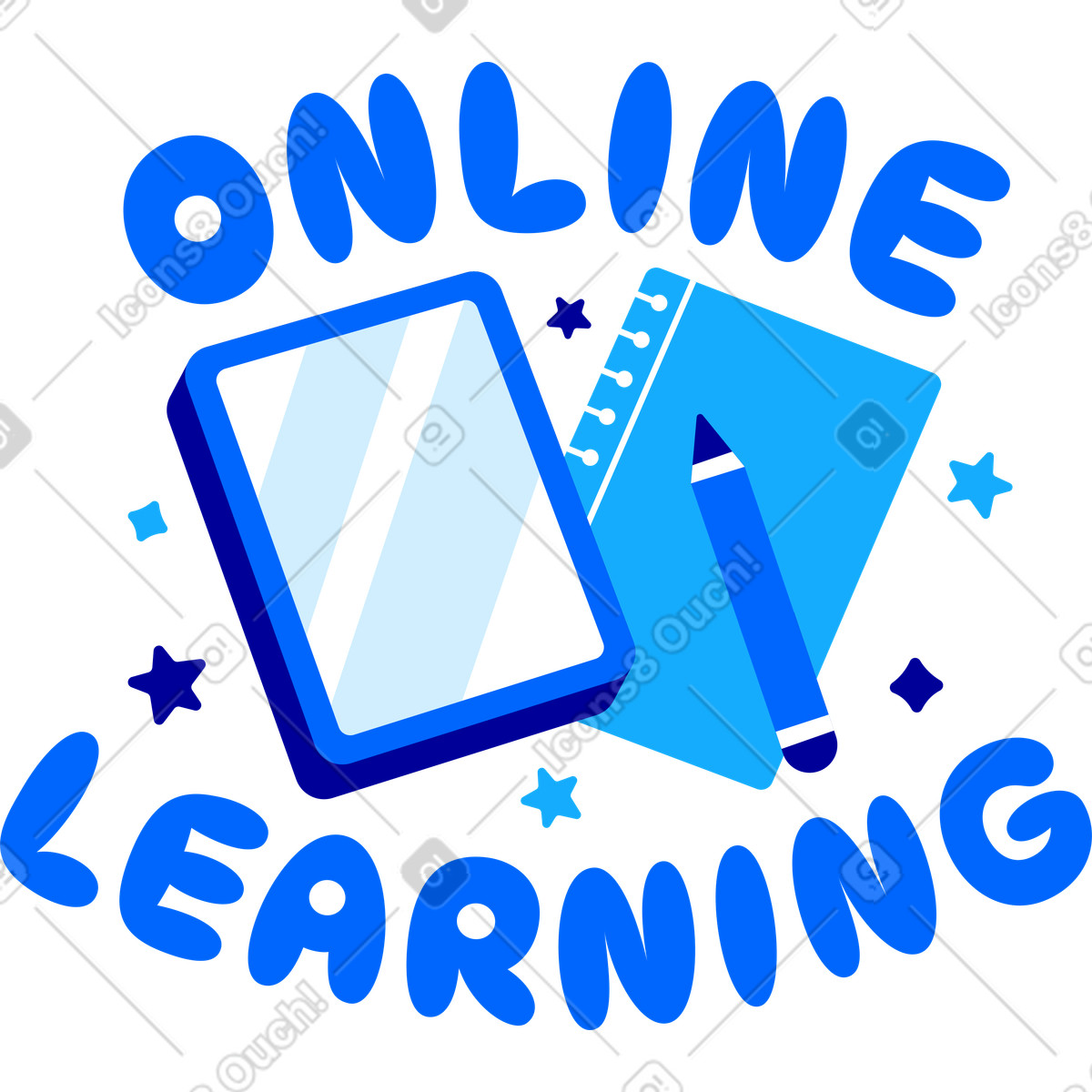 Lettering apprendimento online con tablet e note di testo illustrazione in stile scarica in PNG, SVG