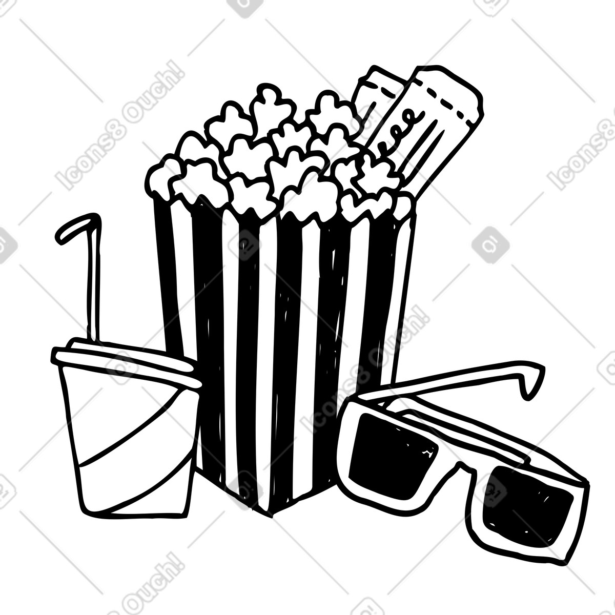 Popcorn, soda drink, movie tickets and 3d glasses illustration in Marks style download in PNG, SVG