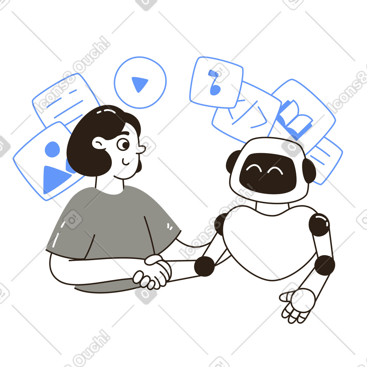 Apretón de manos amistoso entre humano y robot, trabajo en equipo o cooperación tecnológica. illustration in PNG, SVG