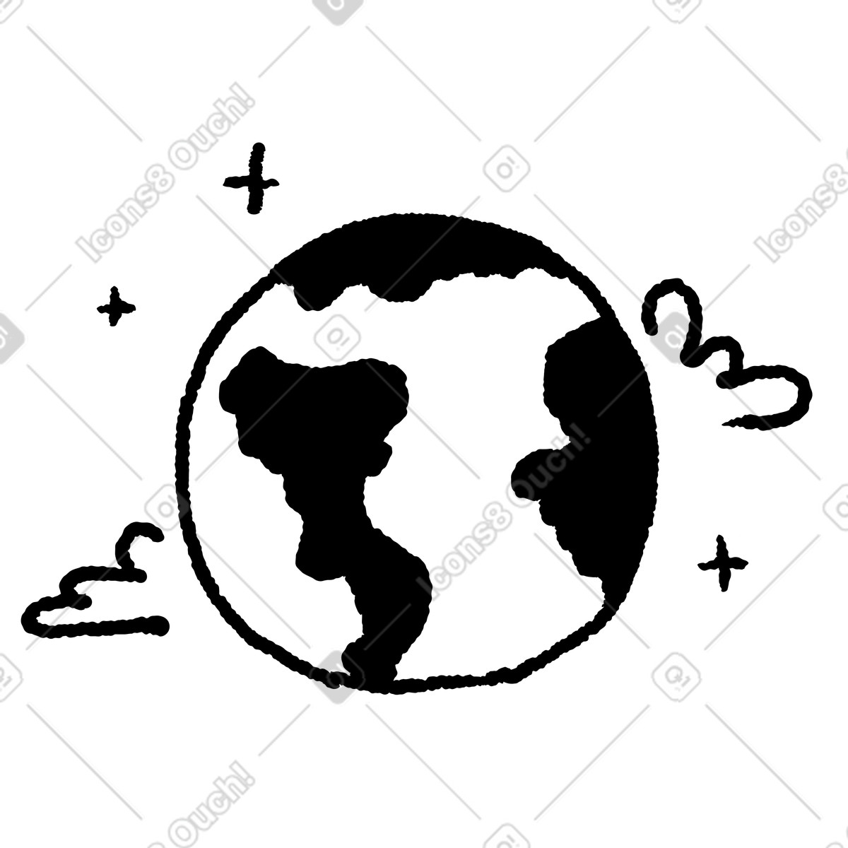 下载 Black Chalk 风格的 Earth globe with continents surrounded by stars and curved clouds 插画，支持 PNG、SVG 格式