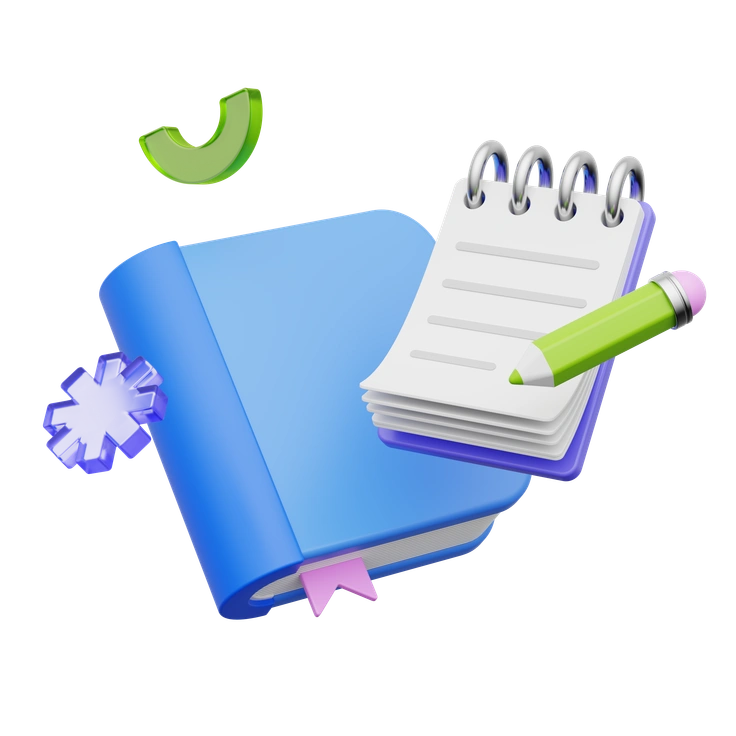A blue notebook, notepad, and green pencil - 3D Playful style illustration