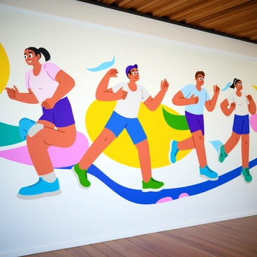 A large mural featuring a dynamic display of human figures in various athletic postures highlighting the calf muscles in action. Each figure is shown in a different position, such as running, jumping, and stretching, with the calf muscles noticeably engaged and defined. The background includes abstract shapes and colors that enhance the energy of the scene. The figures are depicted with vibrant skin tones, showcasing movement and vitality. The overall composition creates a sense of motion, emphasizing the strength and function of the calf muscles.