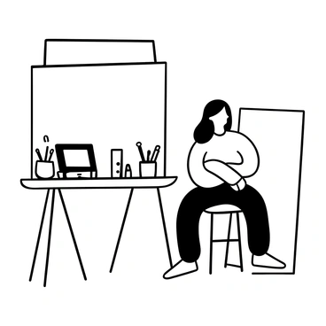 A girl with long hair sitting on a simple wooden stool in a minimalist studio. The studio features clean lines and an uncluttered environment. Around her, various vector art tools are neatly arranged on a table, including a graphic tablet, a stylus, and several digital drawing pens. A large blank canvas stands against the wall, ready for creative work. The floor is smooth and bare, contributing to the minimalist aesthetic of the space.