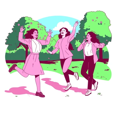 A pink group of friends is striking silly poses in a green park filled with trees and grass. The friends are laughing and enjoying their time together, each person displaying a unique pose. One friend is jumping in the air with arms outstretched, while another is making a funny face with hands on their cheeks. In the background, there are colorful flowers blooming, adding vibrancy to the scene. The sunlight filters through the trees, creating a cheerful atmosphere for their fun outdoor photoshoot.